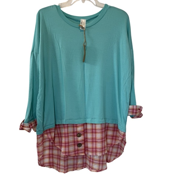 Jardin by Macris Tops - Jardin by Macris Top Womens Large D3120B Teal Plaid Layered Look Mixed Media NEW